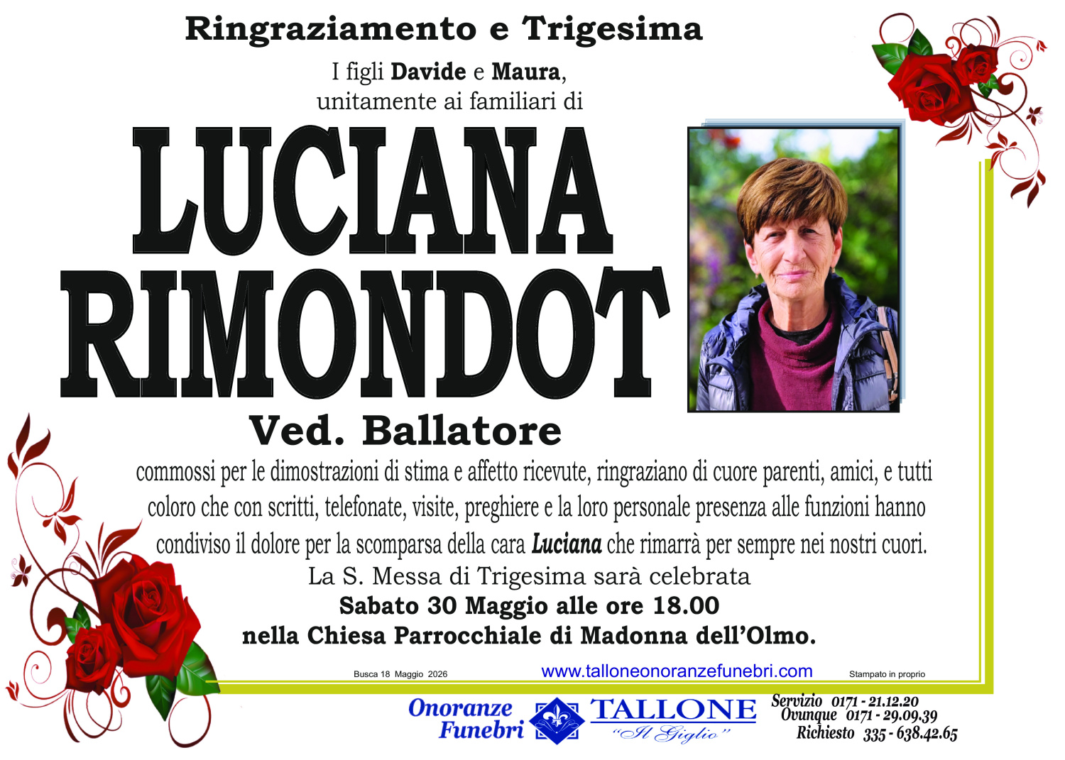 <br />
<b>Warning</b>:  Undefined variable $info in <b>/home/tallone/public_html/ringraziamenti.php</b> on line <b>68</b><br />
Luciana Rimondot